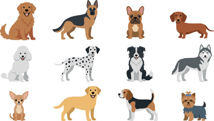 Obraz premium Popular Dog Breeds Vector Flat Icon Set with Golden Retriever, German Shepherd, French Bulldog, Husky, and Dalmatian for Pet Care and Veterinary Graphic Designs