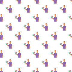 Fototapeta premium Man presenting a gift card as a payment and reward concept in a repeating pattern