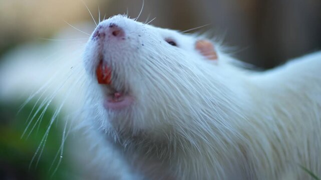 A close-up portrait of a white albino nutria coypu showing its distinctive large bright orange incisor teeth and long white whiskers.