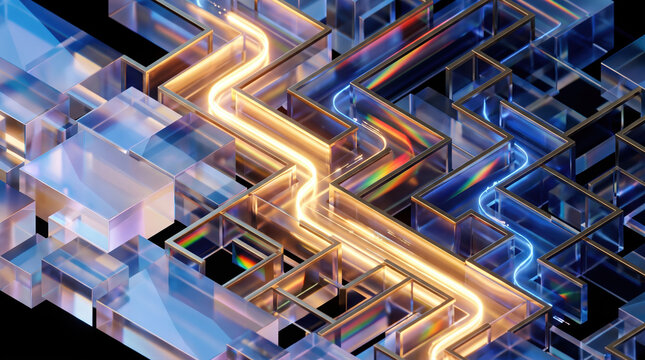 Layers of clear shapes with glowing lines create a complex abstract design in a digital environment