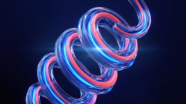 Colorful twisted shapes in blue and pink colors create a 3D effect with light reflecting on the surface