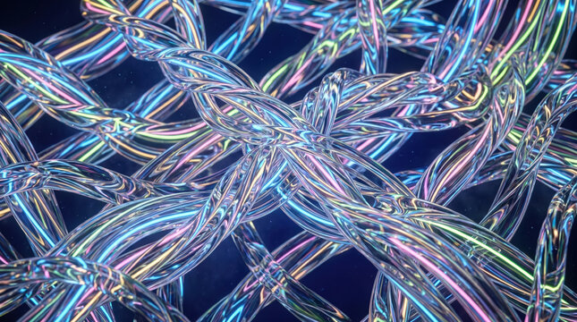 Colorful abstract design with intertwined transparent strands in a dark background showing light reflections