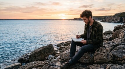 Fototapeta premium Man sits on rocks and draws as the sun sets over the ocean in a coastal area