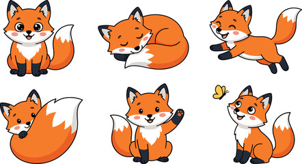 Obraz premium Cute Baby Fox Cartoon Character Set with Various Poses, Emotions, and Actions for Children Books, Stickers, and Woodland Animal Graphic Designs