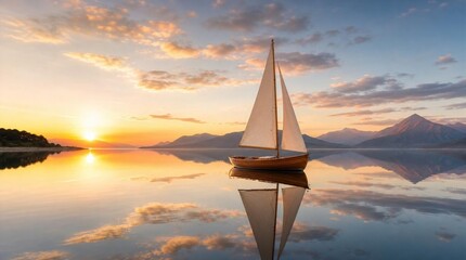A wooden sailboat with white sails rests on a glassy lake at sunset, reflecting mountains and warm clouds for travel, leisure, and relaxation themes. © Julekha