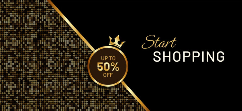 Luxury black and gold shopping sale banner with glitter halftone texture, crown badge and up to 50 percent discount offer. Premium vector template for retail promotion and online shopping.