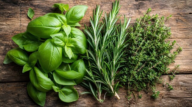Fresh basil, rosemary, and thyme arranged on rustic wooden boards, ideal for promoting organic cooking, herb gardening, Mediterranean recipes, or farm to table menus.