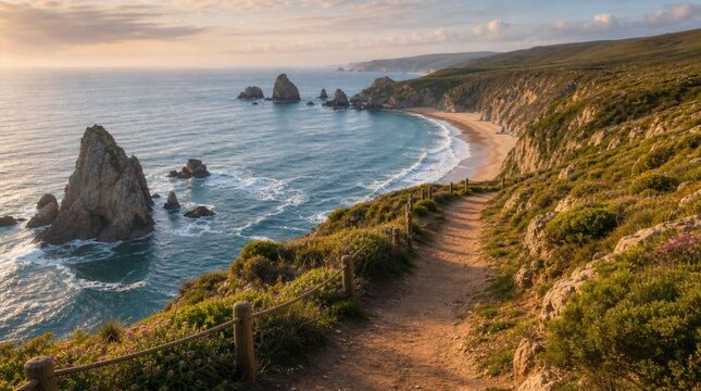 Sunlit coastal footpath overlooks a sandy cove, rocky sea stacks, waves, and wildflowers, suited for nature travel campaigns and hiking inspiration.