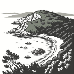 Hand drawn of a scenic coastal bay with rocky cliffs and lush green vegetation meeting the calm ocean water on a white background © MST SAHIDA  BEGUM 