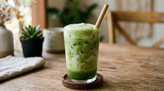 A frothy iced matcha latte with a straw sits on a wooden cafe table, ideal for promoting specialty drinks, wellness menus, and cozy coffee shop branding.