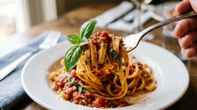 A fork lifts linguine with tomato meat sauce, basil, and grated cheese from a white bowl in a restaurant setting for Italian dining and menu advertising.