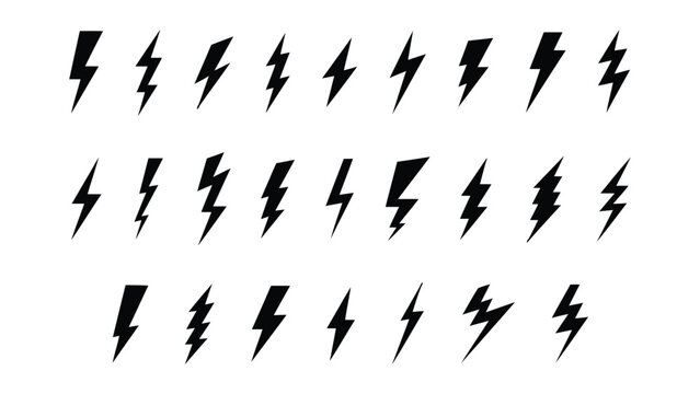Collection of various black lightning bolt icons on white background
