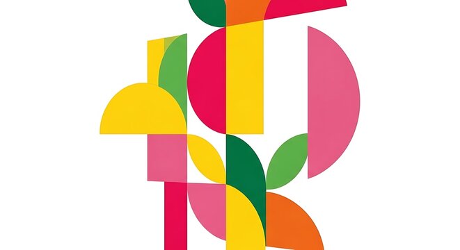 Abstract, geometric shapes in vibrant hues overlap against a white background
