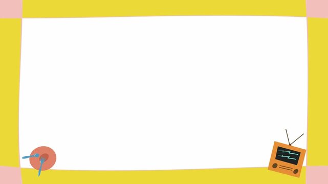 Bright yellow frame holds playful retro TV and radio icons. Simple, cheerful design invites creative content. Perfect for children's media or vintage themed projects