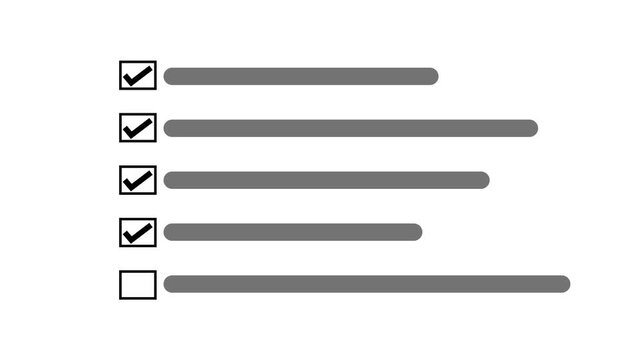 Checklist boxes with selections progressing from incomplete to mostly complete white background checkbox tick box