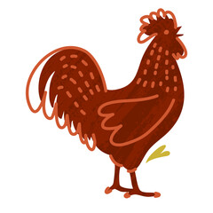 brown rooster standing proudly in a bright farm yard © foxndeer