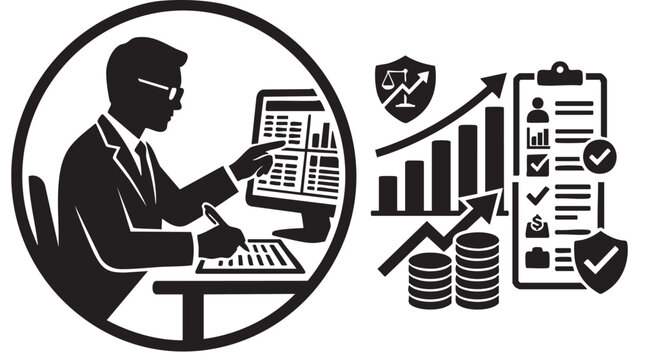 Business Analytics Icon Set with Analyst Silhouette, Shield, Chart Bars, Documents, Checkmarks, and Database Cylinders