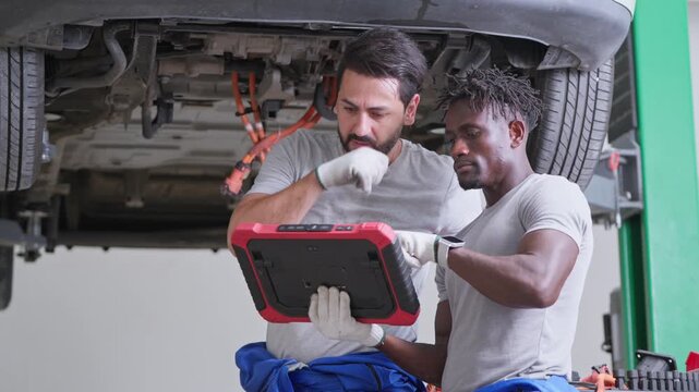Two mechanics collaborating underneath a car for vehicle diagnostics and repair in an auto shop environment
