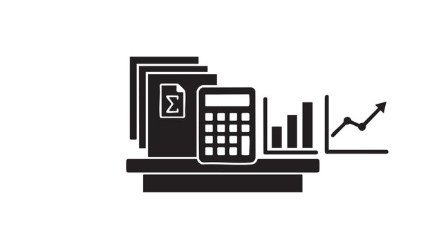 Calculator Icon with Spreadsheet Bars and Growth Arrow, Vector Finance Chart Concept in Black and White Style