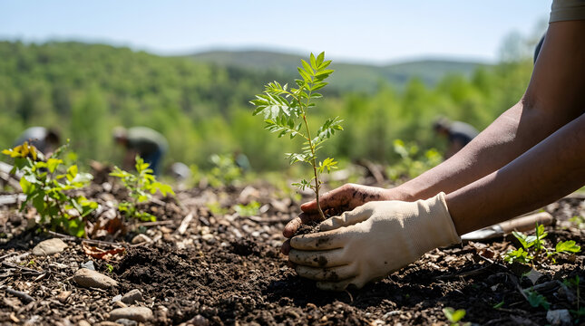 Hand holding a young green sapling, planting a tree for environmental conservation, reforestation and sustainability concept, bright outdoor setting with copy space.
