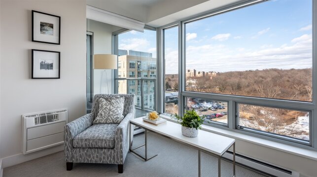 Modern living room interior with large window and city view