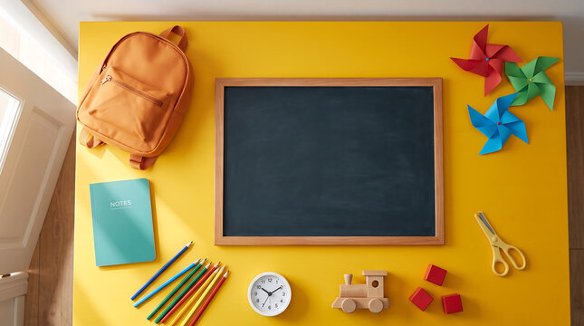 Back to school mockup background with blank wooden chalkboard single kids schoolbag toy train flat lay layout