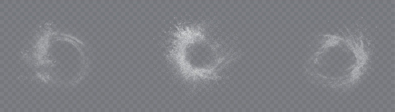 White powder splash particle ring scatters of salt or sugar crystals realistic culinary spices set isolated transparent png design background overlay scattered chalk sea powdered vector texture snow