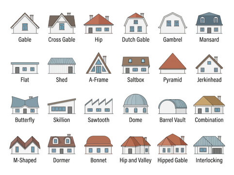 A comprehensive collection of various architectural roof styles and house designs.