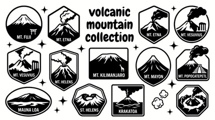 Volcanic mountains featuring fuji etna vesuvius kilimanjaro mayon popocatepetl and remarkable volcanic peaks arranged as a premium commercial vector illustration set for educational and tourism © Ethan