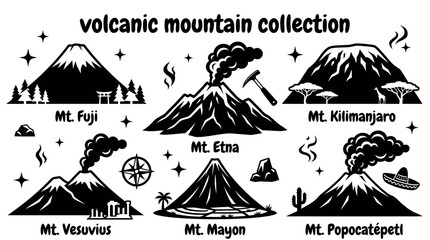 Volcanic mountains featuring fuji etna vesuvius kilimanjaro mayon popocatepetl and remarkable volcanic peaks arranged as a premium commercial vector illustration set for educational and tourism © Ethan