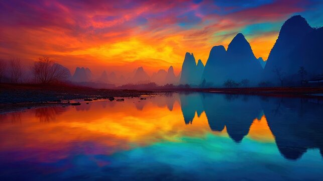 Vibrant sunset reflections over tranquil waters and mountain silhouettes