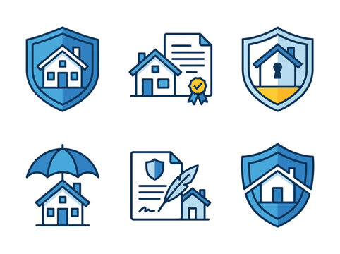 A collection of six flat vector icons representing home insurance and property protection concepts.
