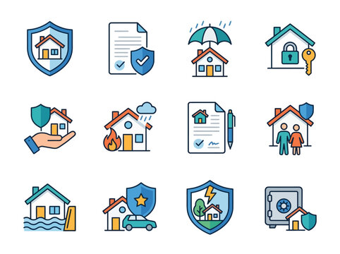 A collection of twelve colorful flat vector icons representing various home and property insurance concepts.