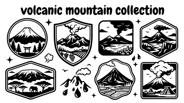 Volcanic mountains featuring fuji etna vesuvius kilimanjaro mayon popocatepetl and remarkable volcanic peaks arranged as a premium commercial vector illustration set for educational and tourism