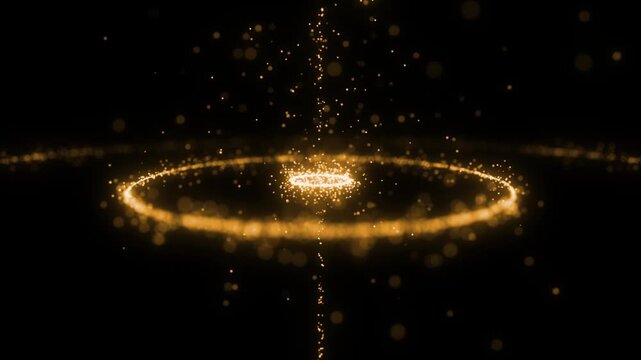 Abstract particle rings rotate around radiant energy core on black background. Particle vortex creates seamless loop for futuristic visuals. Abstract motion suits digital presentations.