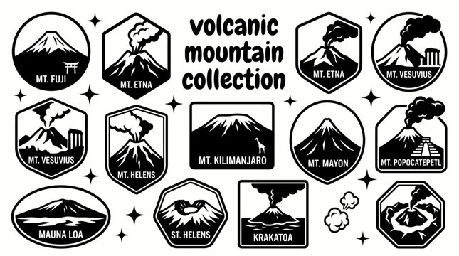 Volcanic mountains featuring fuji etna vesuvius kilimanjaro mayon popocatepetl and remarkable volcanic peaks arranged as a premium commercial vector illustration set for educational and tourism