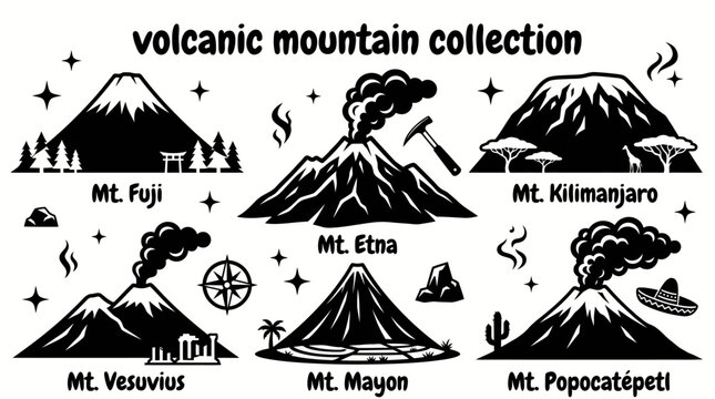 Volcanic mountains featuring fuji etna vesuvius kilimanjaro mayon popocatepetl and remarkable volcanic peaks arranged as a premium commercial vector illustration set for educational and tourism