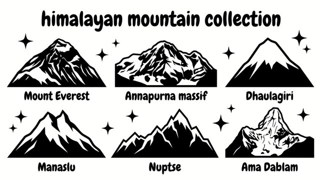 himalayan mountains featuring everest annapurna dhaulagiri manaslu nuptse ama dablam and magnificent snow covered summits arranged as a commercial vector illustration set for adventure and g
