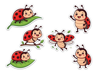 Fototapeta premium A collection of cute cartoon ladybugs in various poses and activities.