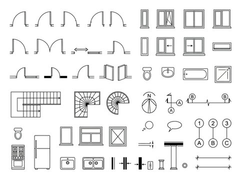 A comprehensive collection of architectural floor plan symbols and technical drawing elements.