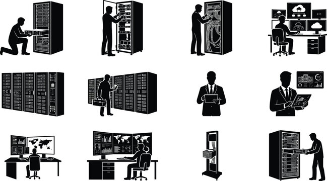 Data Center Server Maintenance and IT Professionals Working with Network Infrastructure and Cloud Computing Systems Silhouette Illustrations