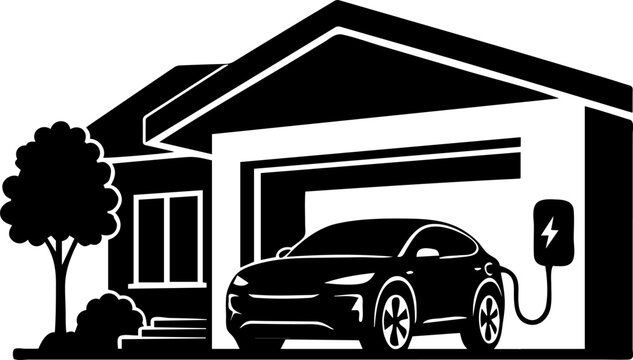 dern electric vehicle charging at a smart home garage in minimalist black silhouette vector style, showcasing residential EV charging, sustainable transportation, and clean energy technology.