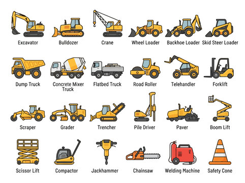 A collection of various construction vehicles and heavy machinery icons.