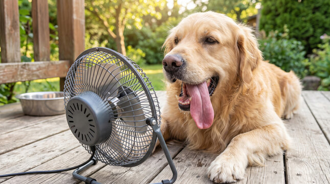 Dog fan summer heat wave extreme climate weather deck outdoor golden dog relax near metal fan during heat wave amid extreme. Global warming crisis emergency. hot summer high temperature, drought