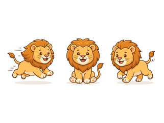 Fototapeta premium Three cute cartoon lions in different poses on a white background.