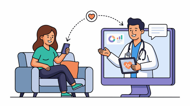 A cartoon woman holds a tablet while sitting on a sofa engaging in a virtual consultation with a doctor displayed on a
