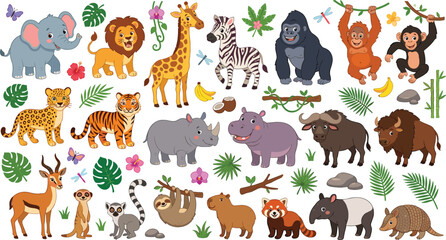 Fototapeta premium Cute Safari and Jungle Animal Vector Illustration Bundle with Tropical Leaves for Children Nursery Decor, Educational Materials, and Sticker Designs