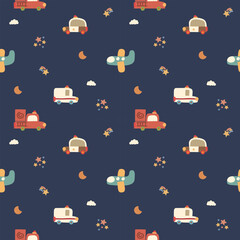 Police car draw cartoon so cute. On ambulance airplane fire truck star cloud rainbow blue background. Pattern seamless vector illustration.  © Therdsak