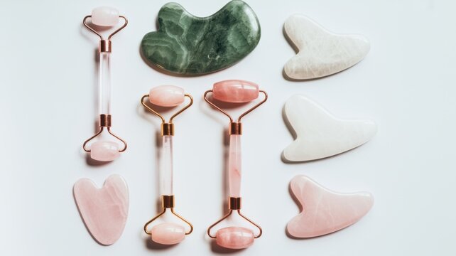 Set of rose gold jade gua sha tools and scrapers for facial massage on white background
