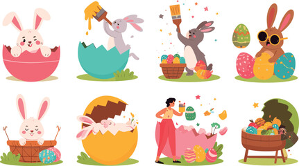 Fototapeta premium Cute Easter bunny vector illustration set with cartoon rabbits painting and hatching from colorful decorated eggs on white background
